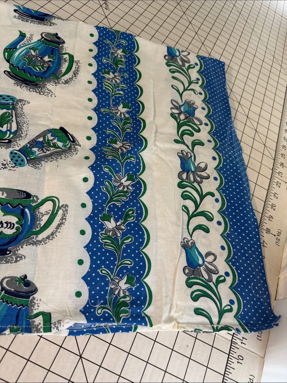 Vintage 1970s Handmade Blue Green Kitchen Tablecloth 42x36 Coffee Pot Sugar Bowl